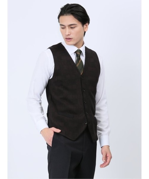 ウォッシャブル ウール混グレンチェック ニットジレ