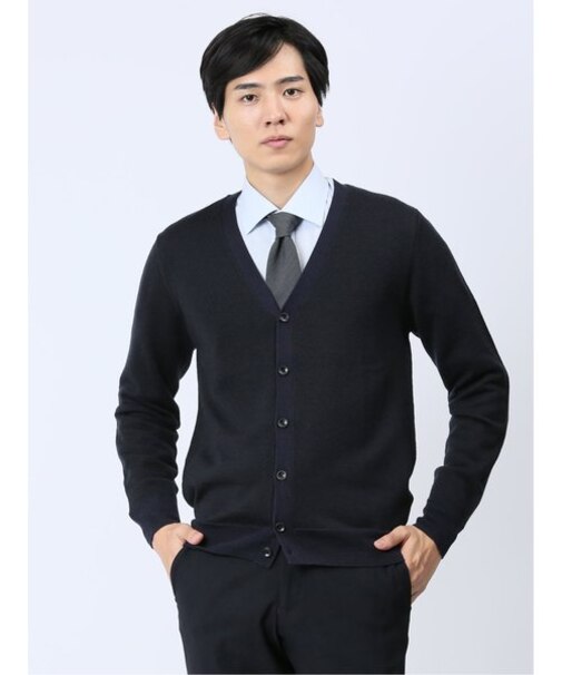 ウォッシャブル ウール混ヘリンボン ニットカーディガン