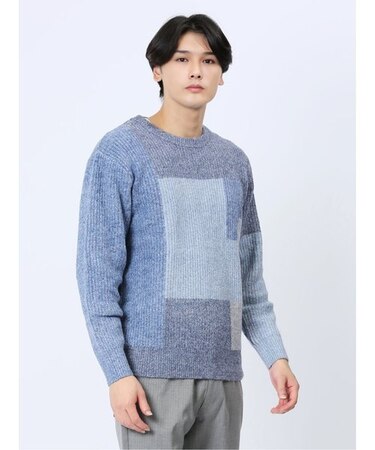 ウォッシャブル パッチワーク風 クルーネックニット