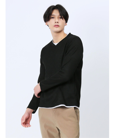ワッフル裏起毛 フェイクVネック長袖Tシャツ