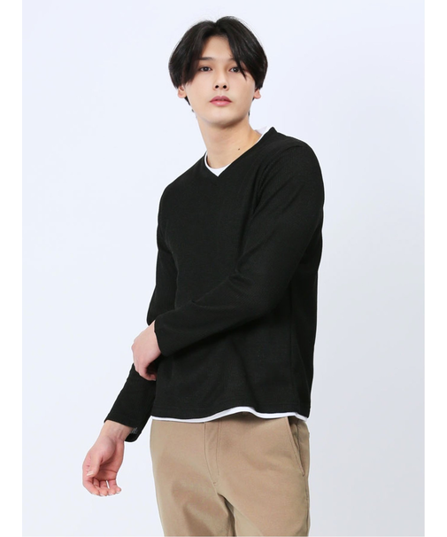 ワッフル裏起毛 フェイクVネック長袖Tシャツ