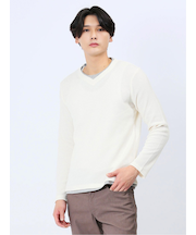 ワッフル裏起毛 フェイクVネック長袖Tシャツ