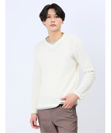 ワッフル裏起毛 フェイクVネック長袖Tシャツ