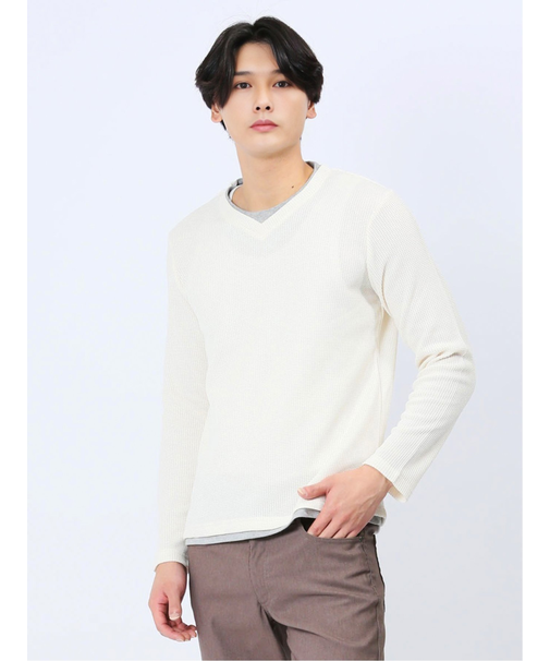 ワッフル裏起毛 フェイクVネック長袖Tシャツ