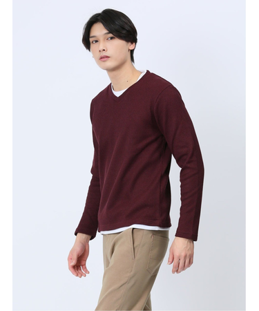 ワッフル裏起毛 フェイクVネック長袖Tシャツ