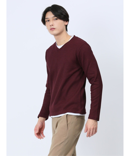 ワッフル裏起毛 フェイクVネック長袖Tシャツ