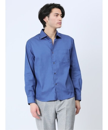 ストレッチ シャンブレー ワイドカラー長袖シャツ