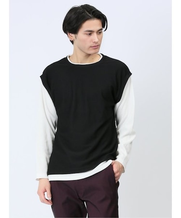 さまになる フェイクレイヤード クルーネック長袖Tシャツ