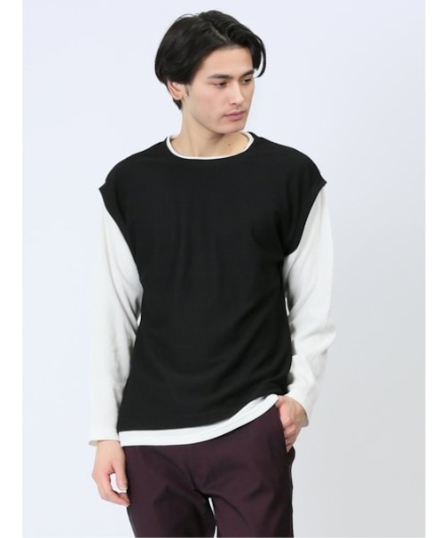 さまになる フェイクレイヤード クルーネック長袖Tシャツ
