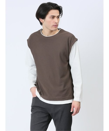 さまになる フェイクレイヤード クルーネック長袖Tシャツ