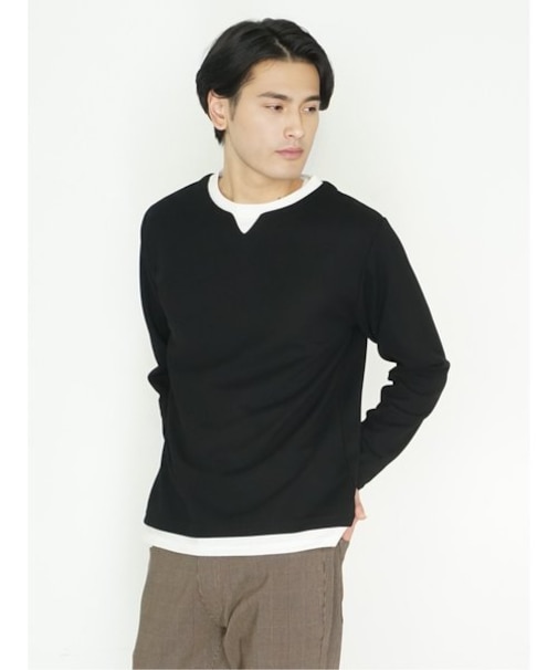 さまになる フェイクレイヤード キーネック長袖Tシャツ