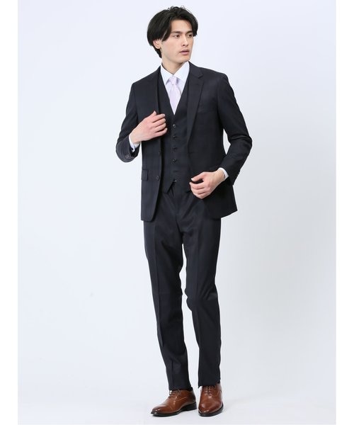 光沢ウール混 スリムフィット 2ボタン3ピーススーツ シャドーチェック