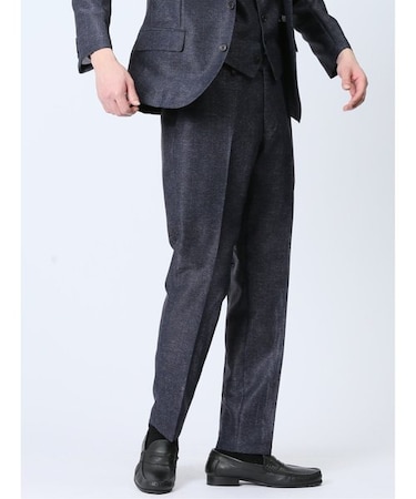TechLinen スリムフィット ノータックパンツ チェック紺(セットアップ可能)