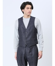 TechLinen スリムフィット ジレベスト チェック紺(セットアップ可能)