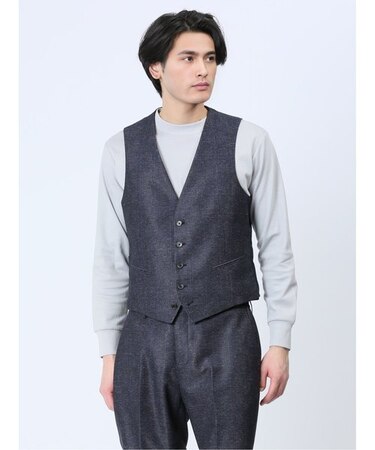 TechLinen スリムフィット ジレベスト チェック紺(セットアップ可能)