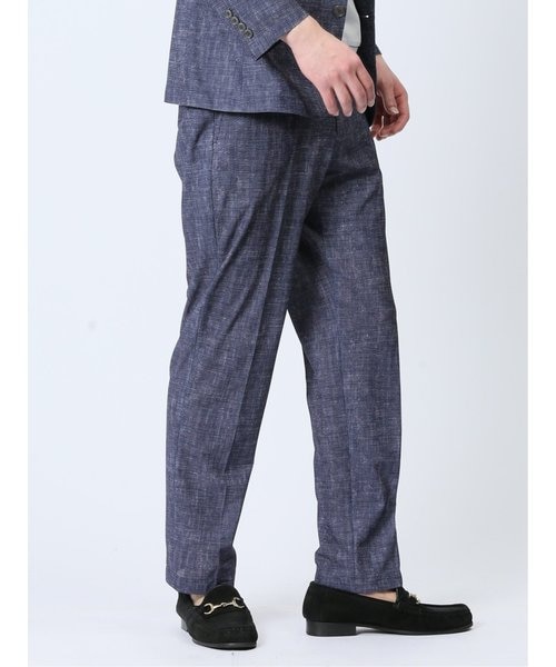 麻混スーパーストレッチ スリムフィット ノータックスラックス 紺