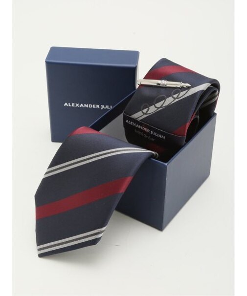 シルク混 ネクタイ＆タイバーセット 万年筆試し書きストライプ