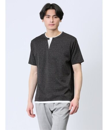 さまになる フェイクレイヤード キーネック半袖Tシャツ