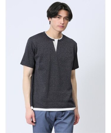 さまになる フェイクレイヤード キーネック半袖Tシャツ