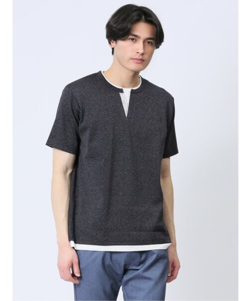 さまになる フェイクレイヤード キーネック半袖Tシャツ