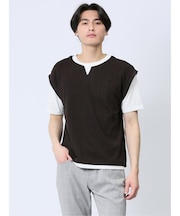 さまになる フェイクレイヤード キーネック半袖Tシャツ