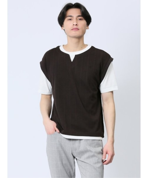 さまになる フェイクレイヤード キーネック半袖Tシャツ