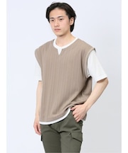 さまになる フェイクレイヤード キーネック半袖Tシャツ