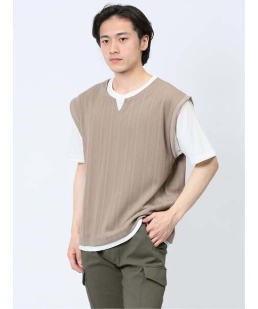 さまになる フェイクレイヤード キーネック半袖Tシャツ
