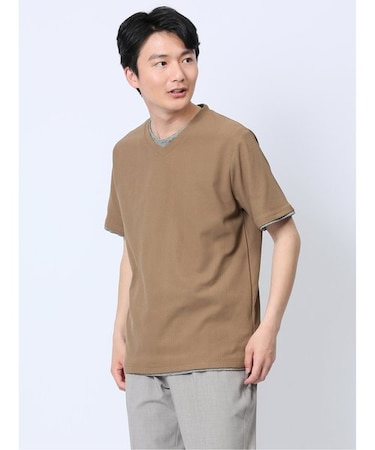 リンクス縦柄 フェイクVネック半袖Tシャツ