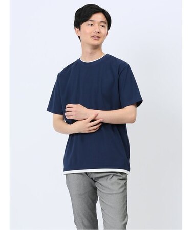 梨地 フェイククルーネック半袖Tシャツ
