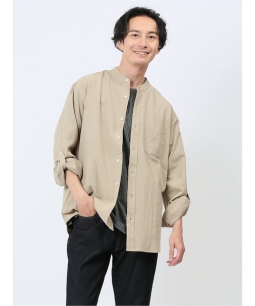 バンドカラー ロールアップ長袖シャツ