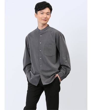 ストレッチ ギャバジン バンドカラー長袖シャツ