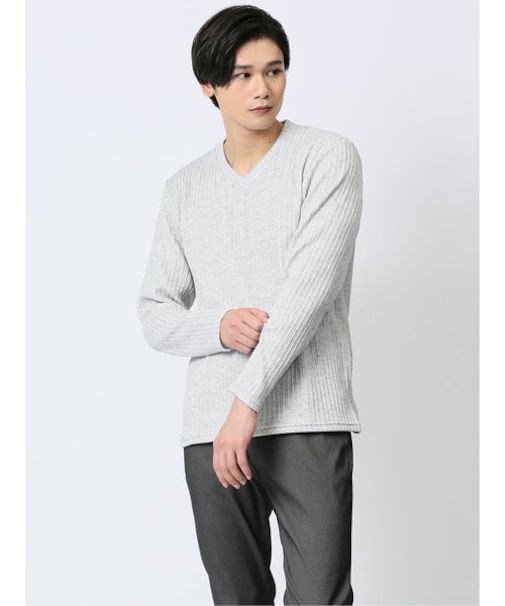 ふくれストライプ Vネック長袖Tシャツ