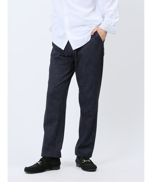 麻混スーパーストレッチ スリムフィット ノータックスラックス 紺