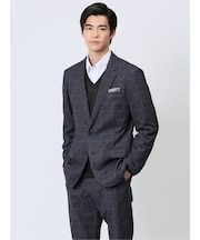 TechMove スリムフィット 2ボタンジャケット チェック紺(セットアップ可能)