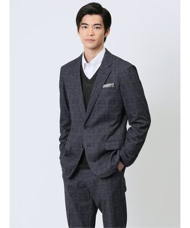 TechMove スリムフィット 2ボタンジャケット チェック紺(セットアップ可能)