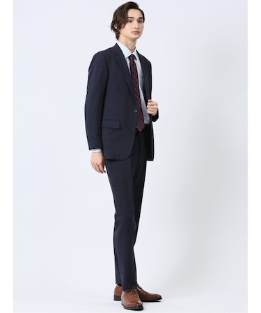 Woolen Tec On スリムフィット 2ボタン2ピーススーツ チェック紺