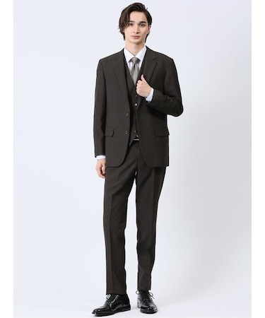 Woolen Tec On スリムフィット 2ボタン3ピーススーツ 組織茶