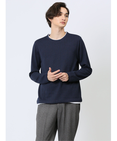 ヘリンボンジャガード フェイククルーネック長袖Tシャツ