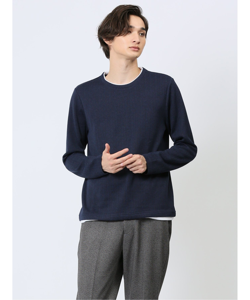 ヘリンボンジャガード フェイククルーネック長袖Tシャツ