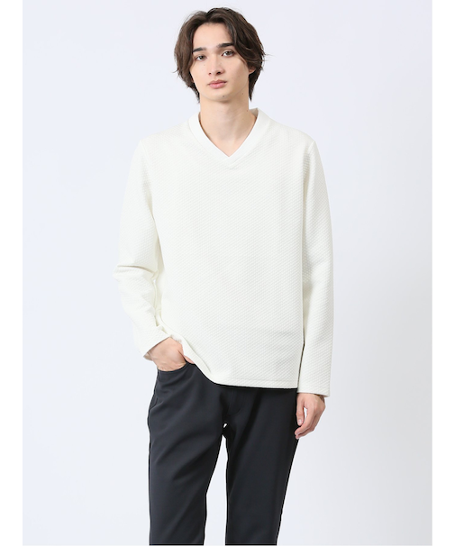 ジオメトリックジャガード Vネック長袖Tシャツ