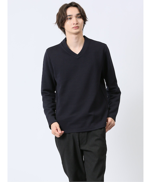 ジオメトリックジャガード Vネック長袖Tシャツ