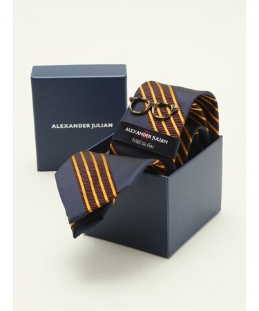 シルク混 ネクタイ＆タイバーセット 眼鏡ストライプ