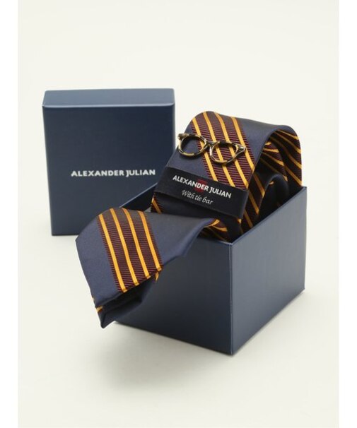 シルク混 ネクタイ＆タイバーセット 眼鏡ストライプ