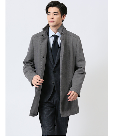 撥水 スタンドカラーコート ヘリンボングレー