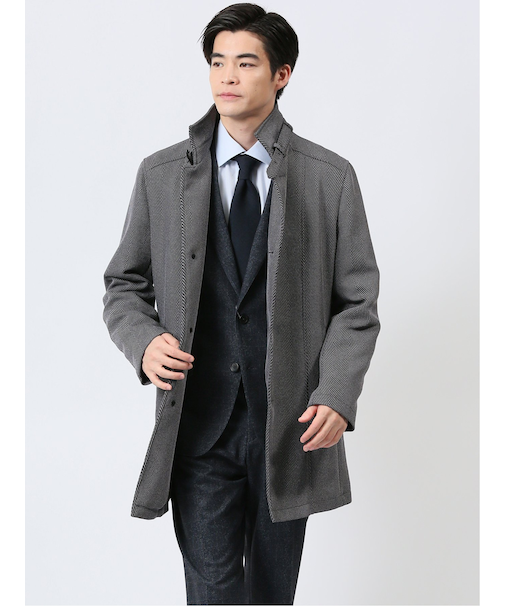 撥水 スタンドカラーコート ヘリンボングレー