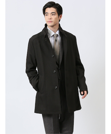 撥水 スタンドカラーコート ヘリンボン茶