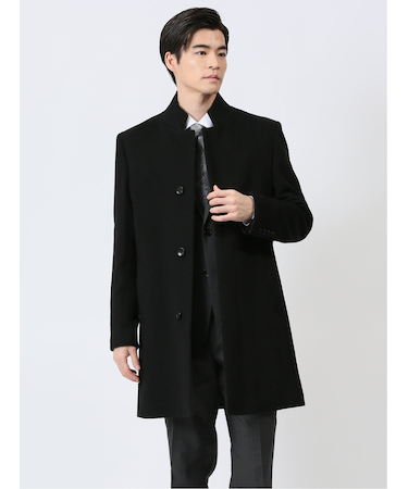 アンゴラ混ウール スタンドコート 無地黒