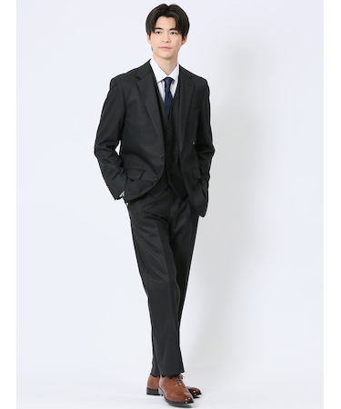 光沢ウール混 レギュラーフィット 2ボタン3ピーススーツ ストライプ黒