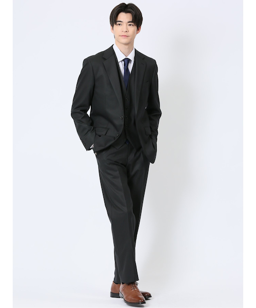 光沢ウール混 レギュラーフィット 2ボタン3ピーススーツ ストライプ黒